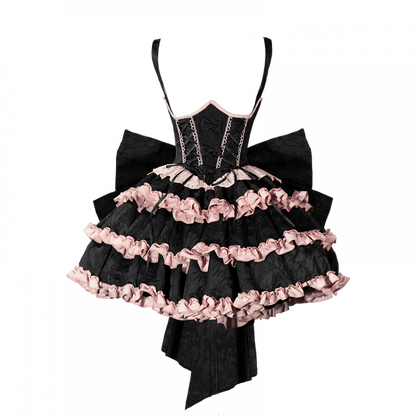 Black and Pink Boned Corset Waist Ruffle Skirt Lolita Dress with Large Bow Back