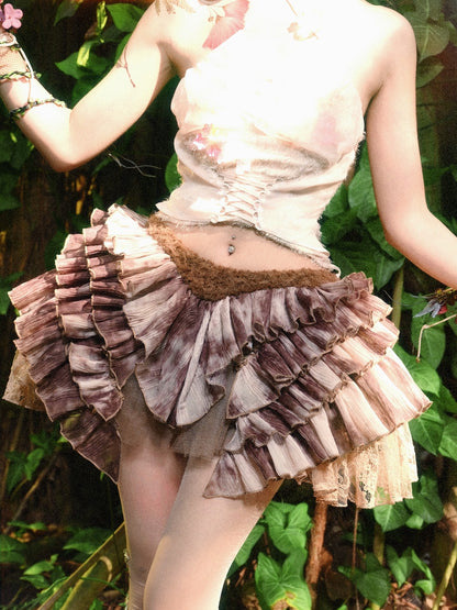 Brown Low Waist Fairy Goth Tie Dye Tiered Ruffles Skirt with Shorts Lining