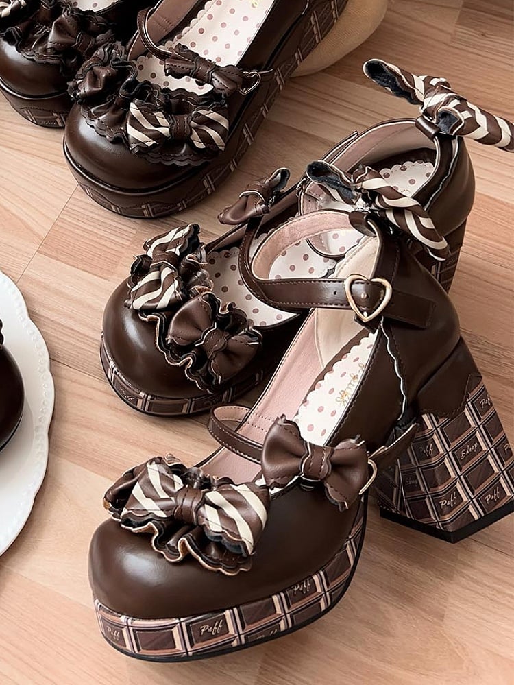 Dark Brown Striped Bowknot Details Heart Buckle Chocolate Platform High Block Heels Mary Janes