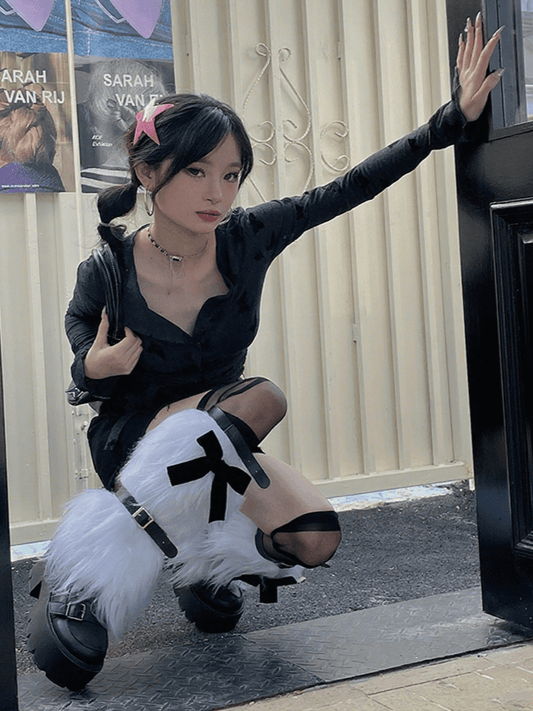 White Plush Leg Warmers With Black Bow Decoration