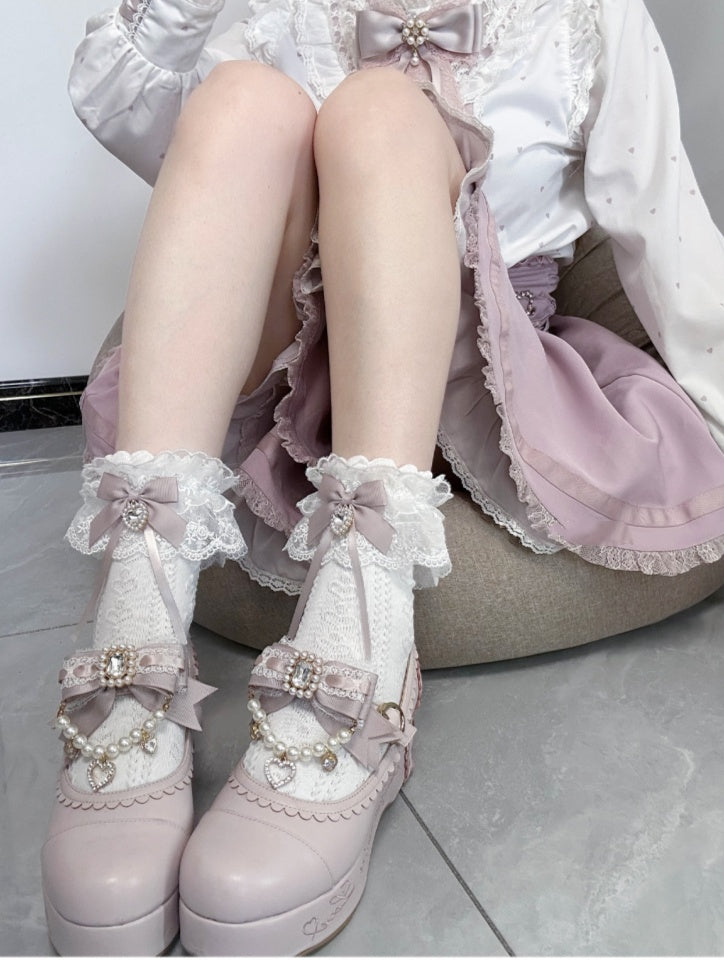 Jirai Kei Dusty Pink Bowknot and Heart Rhinestone Decoration Lace Cuffs White Cotton Ankle Socks