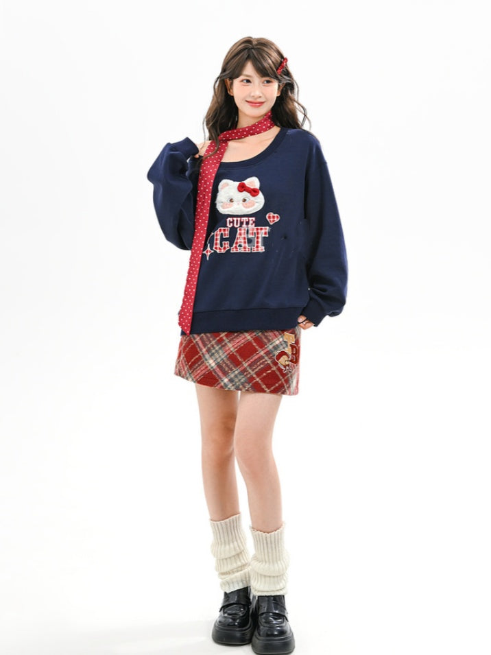 Kitty Embroidery Applique Navy Blue Sweatshirt with Detachable Red Plaid Collar