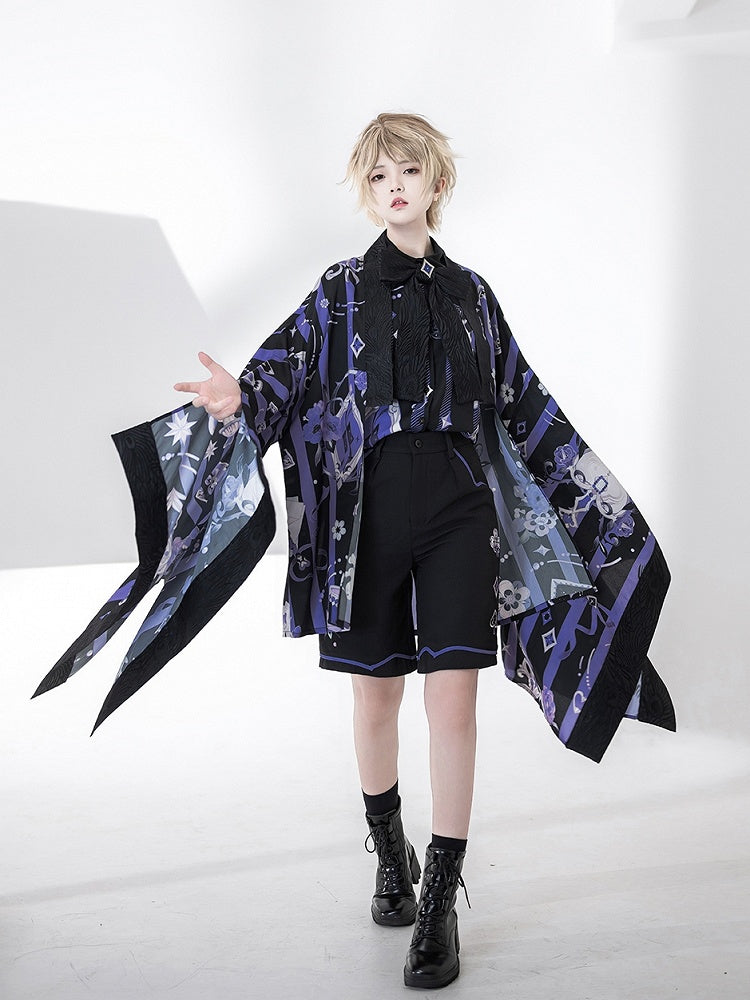 Black and Purple Striped Pattern Haori Poker and Tea Cup Print