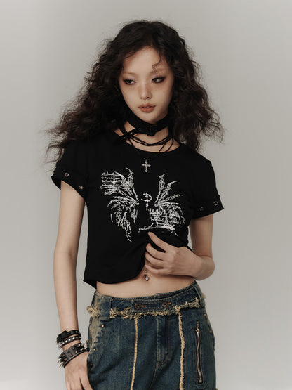 Black Wings Print Cotton Cropped T-shirt with Choker