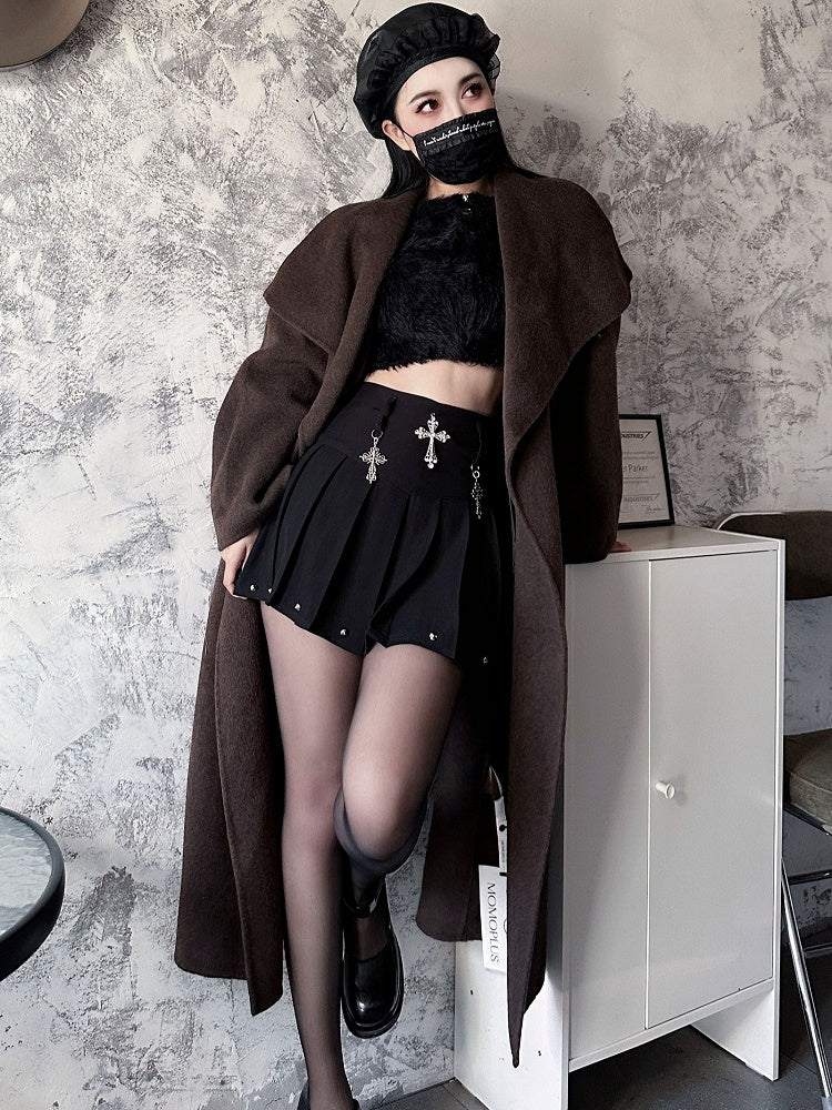 Y2K Black Cross Charms High Waist Studs Design Punk Pleated Skirt