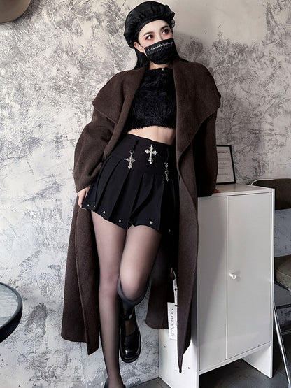 Y2K Black Cross Charms High Waist Studs Design Punk Pleated Skirt
