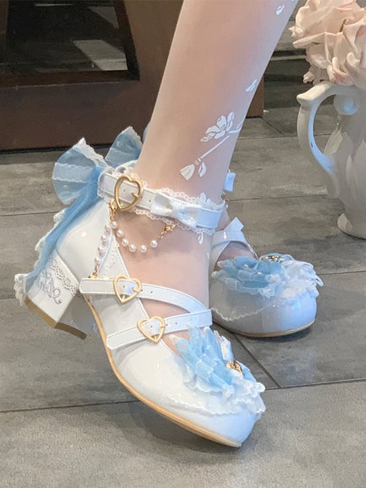 Light Blue Beaded Decorated Bow at Top Crisscross Design Lace Trim Sweet Lolita Shoes