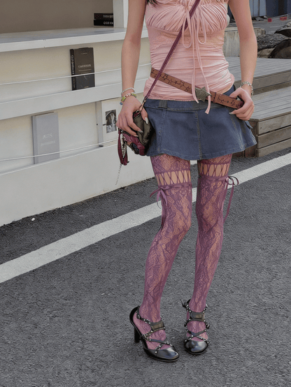 6 Color Options Y2K Cut-out Design Ribbon Bow Tights