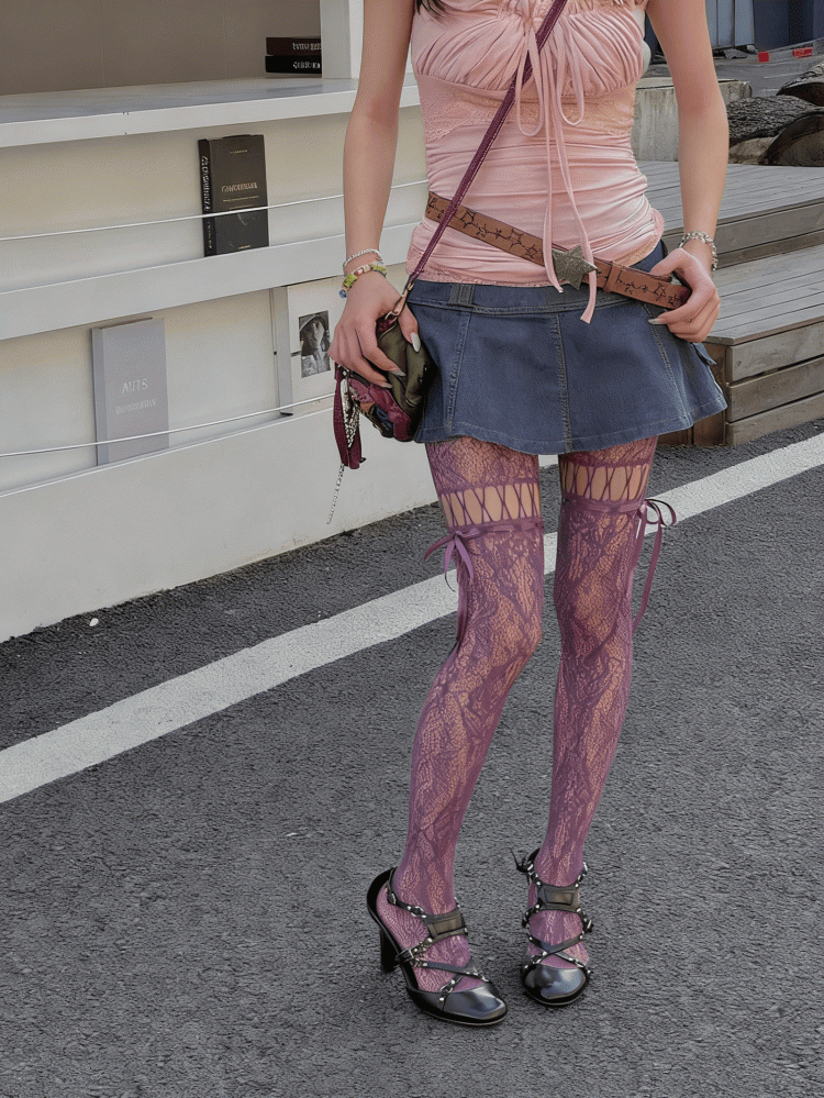 6 Color Options Y2K Cut-out Design Ribbon Bow Tights