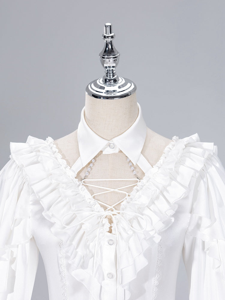 All White Cascading Ruffles V-neck Long Sleeves Backless Shirt with Bead Chains