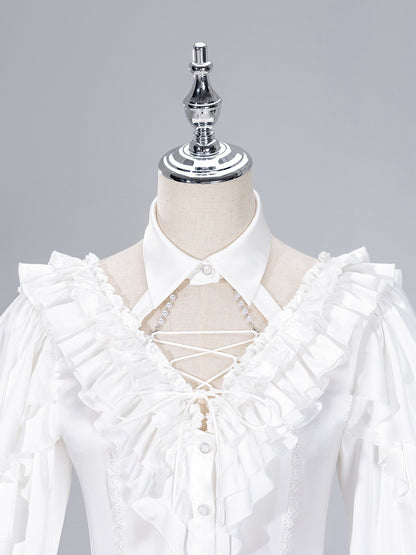 All White Cascading Ruffles V-neck Long Sleeves Backless Shirt with Bead Chains