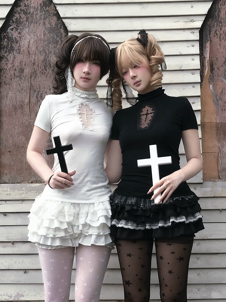 Gothic Black/White Mock Neck Coffin-Shaped Cutout T-Shirt