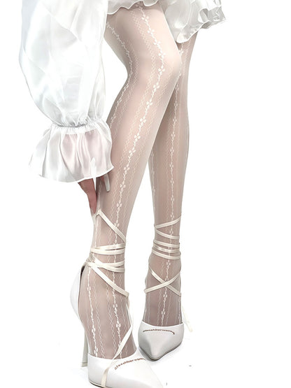 White/Black Y2K Floral Pattern Self-tie Straps Tights