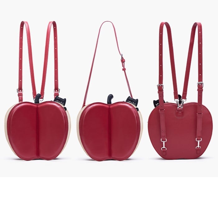 Playful 2-Way Red Apple Flip Backpack With Moon & Star Core And Cat Embroidery