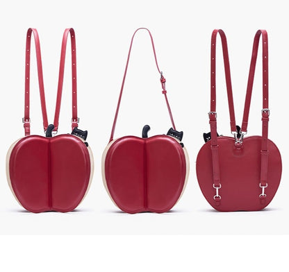 Playful 2-Way Red Apple Flip Backpack With Moon & Star Core And Cat Embroidery