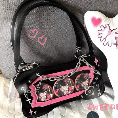 Black & Dark Pink Bone Shape Ita Shoulder Bag with Cross Charm Chain
