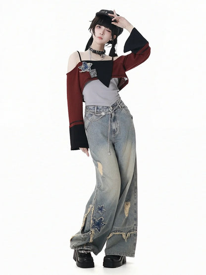 Blue Star Appliques Raw Hem Distressed Wide-leg Jeans with Waist Chain