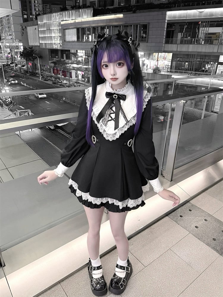 Black Lace Trimmed Bow Hairclips with Rhinestone & Cross Charm