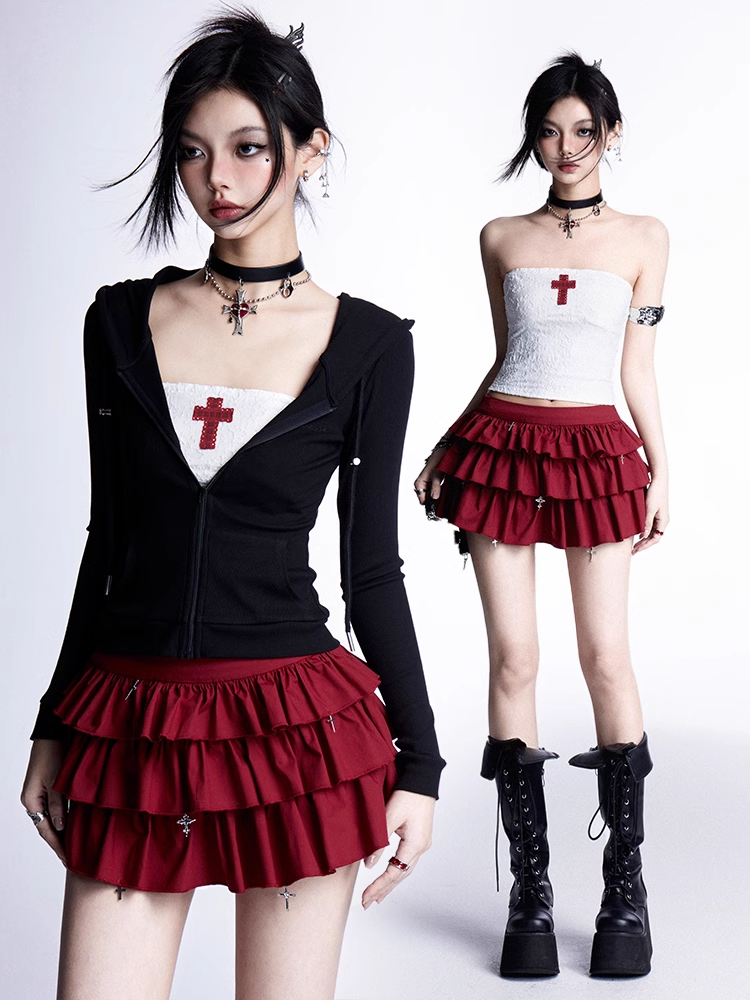 Gothic Red Cross Applique White Cropped Strapless Top/Red Cross Charms Tiered Skirt