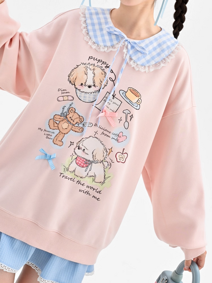Adorable Cartoon Puppy Print Pink Round Neck Loose Sweatshirt