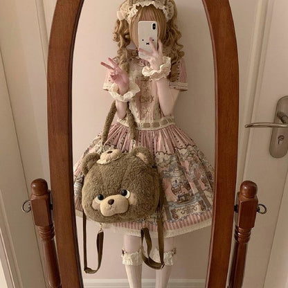 Brown/Pink/White Large Plush Teddy Bear Face Lolita Backpack/Handbag