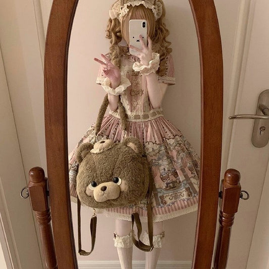 Brown/Pink/White Large Plush Teddy Bear Face Lolita Backpack/Handbag