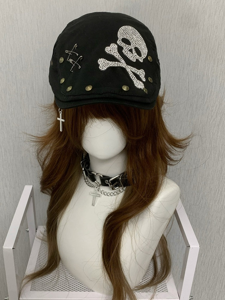 Black Punk Studs And Pin Details Rhinestone Skeleton Decorated Beret Hat