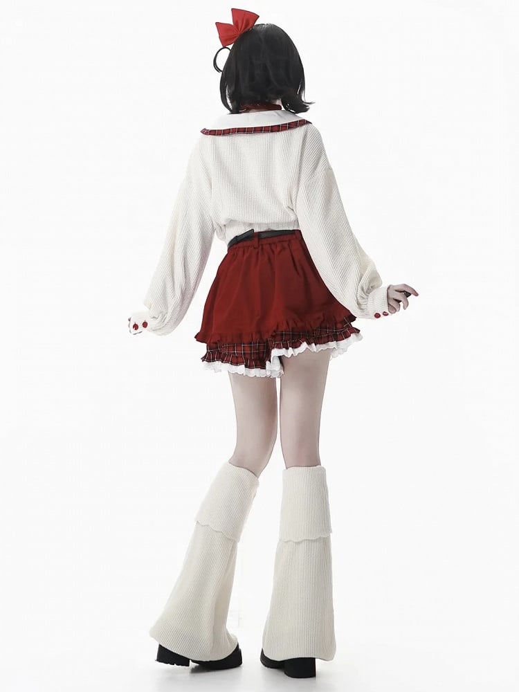 Regular/Thicken White Knit Crop Sweatshirt with Red Plaid Collar and Apple Embroidery