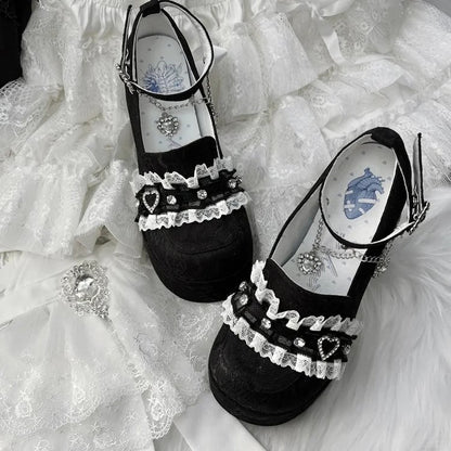 Jirai Kei Black Lace Platform Heels: 12cm Chunky Block Heel with Heart Rhinestone Chain & Buckle Ankle Strap