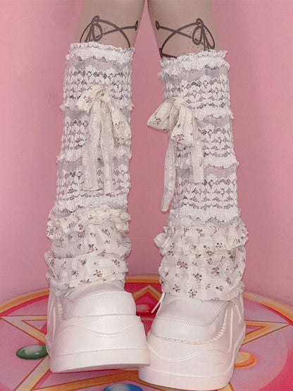 White Y2K Bowknot Details Floral Pattern Ruffles Trim Leg Sleeves