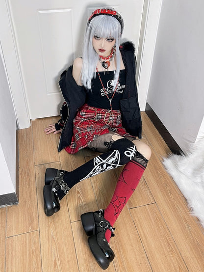 Studs Polished Black Platform Mary Janes with Skeleton Rabbit Buckles