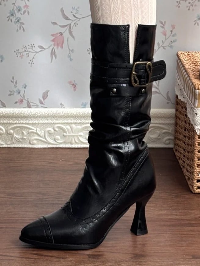 Black Classic Lolita Pointed Toe Boots - PU High Heel with Convertible Cuff & Vintage Inspired Fasteners