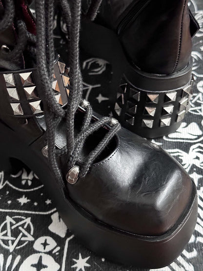 Skull and Studs Black Front Lace-up Punk Chunky Platform Boots