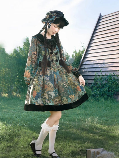 Green & Blue Floral Print Long-Sleeve Elegant Classic Lolita Dress with Black Collar and Cuffs
