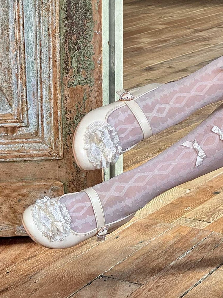 Yellow Bow at Top Lace Trim Beaded Heart Buckles Lolita Shoes