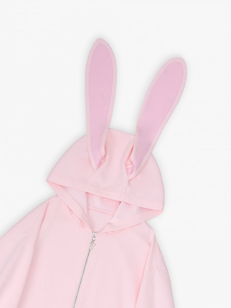 Pink Pouch Front Pockets Zip Up Hoodie with Oversized Bunny Ears