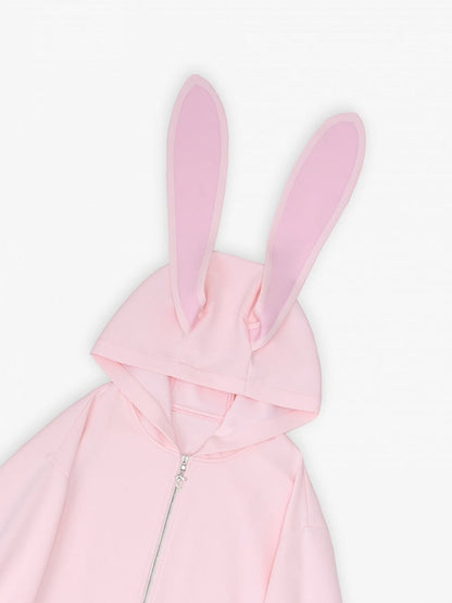 Pink Pouch Front Pockets Zip Up Hoodie with Oversized Bunny Ears