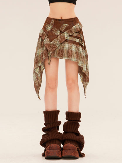 Butterfly Applique Handkerchief Hem Green Plaid Skirt