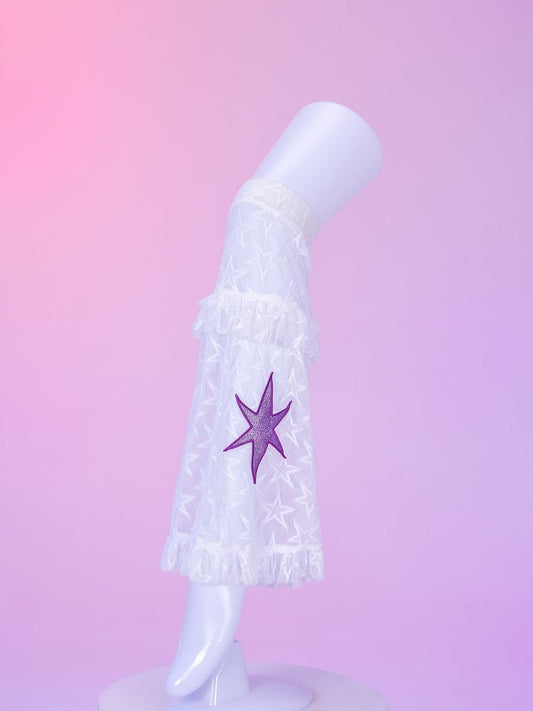 White Star Mesh Leg Warmers with Purple Sparkle Patch
