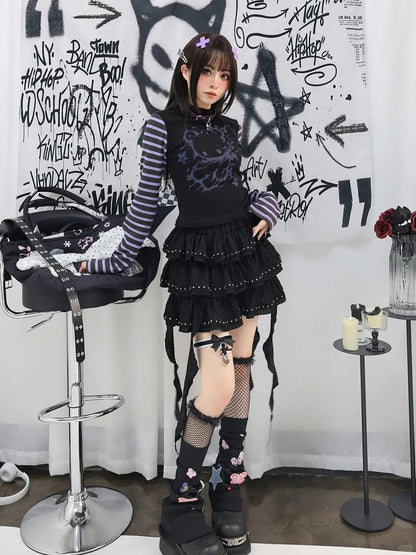 Black Cascading Ruffles Stud Details Balletcore Tiered Skirt