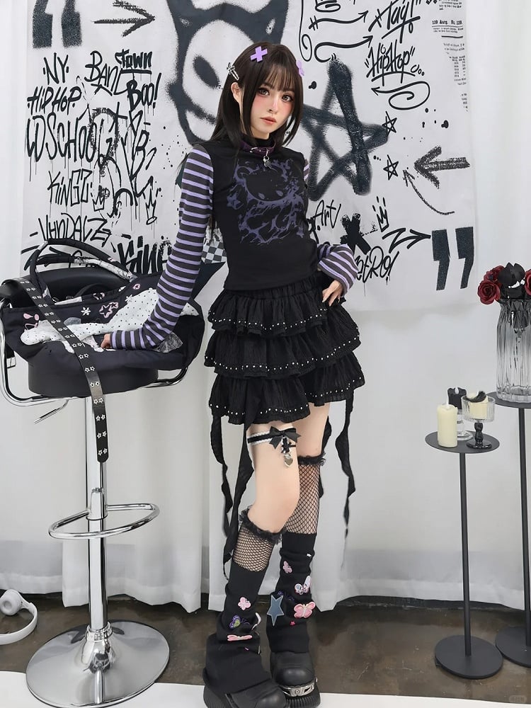 Black Cascading Ruffles Stud Details Balletcore Tiered Skirt