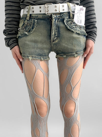 Gray/White/Brown/Black Y2K Asymmetrical Design Cut-out Details Tights
