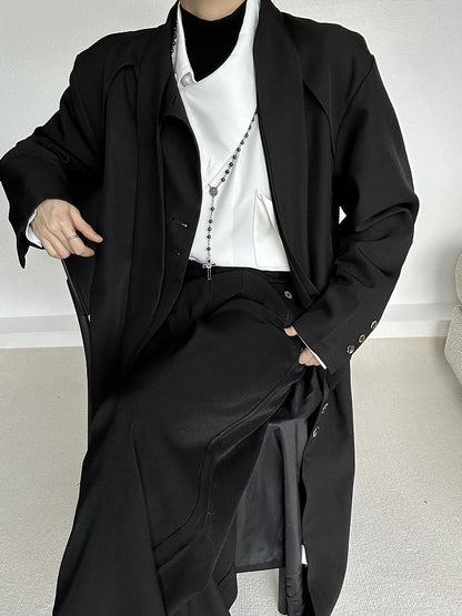 Ouji Lolita Black Vintage Long Trench Coat with Button Placket & Tie Neck