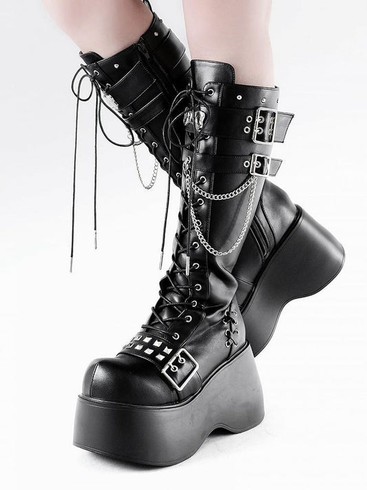 Bone-shaped Metal Plates Matte Black Punk Wedge Platform Knee-high Boots with Studs and Chains