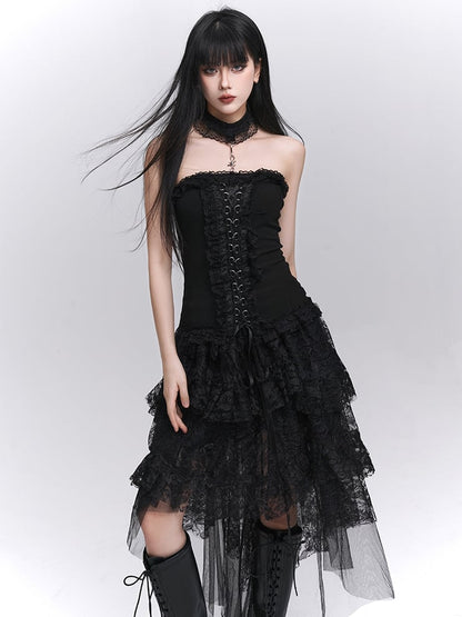 Black Lace-up Front Ruffled Lace Trim Halter Neck Glamorous Strapless Top