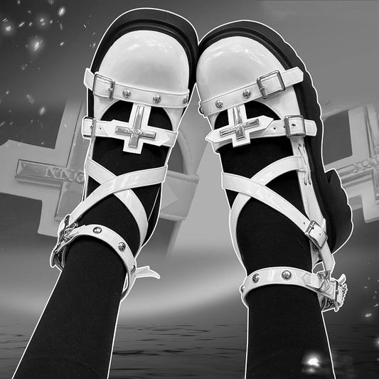 Silver-tone Studs Cross White Platform Chunky Heels Punk Shoes