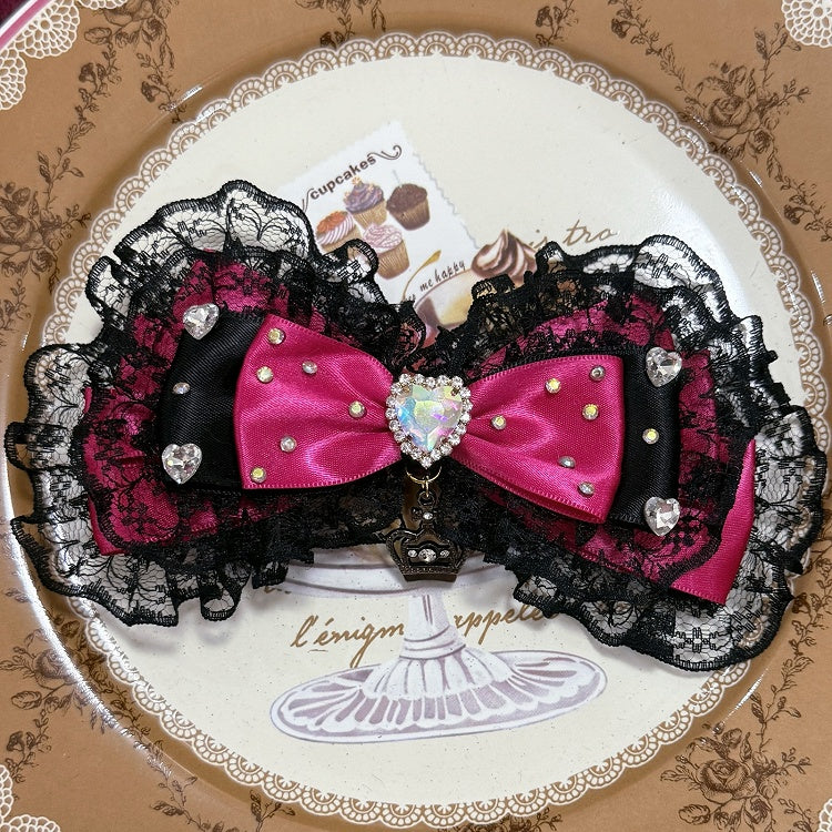 Black&Pink Rhinestone Heart Decorated Lace Trim Bowknot Haiclip + Bowknot Pendant Beaded Necklace + Bowknot Ring