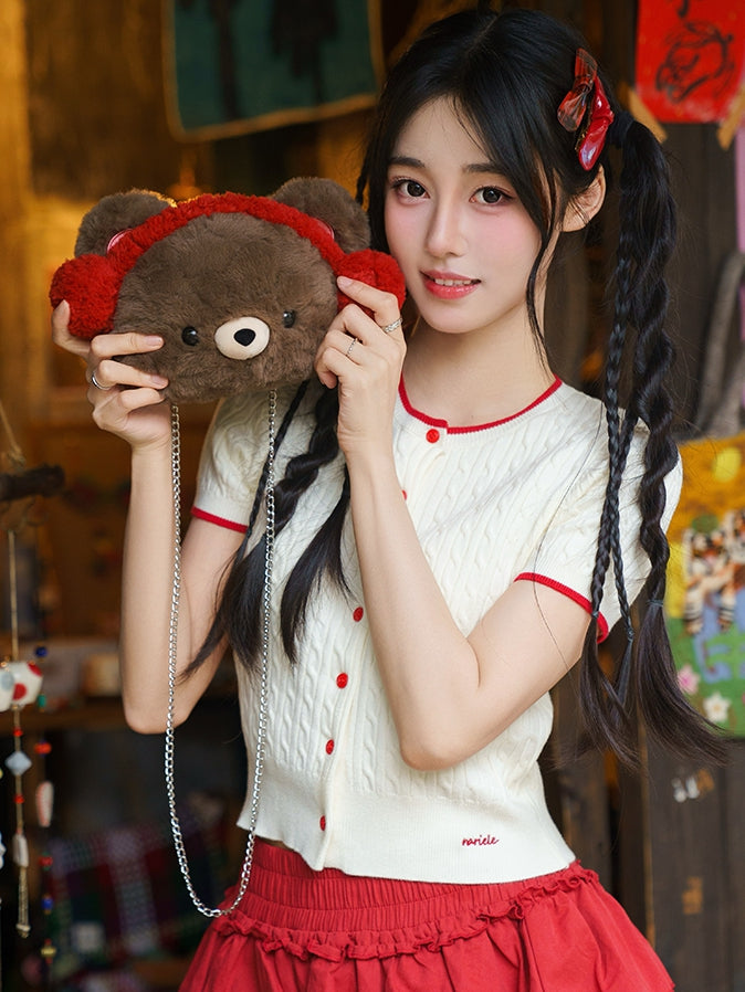 Blue&Brown Suede Letter And Star Embroidery Backpack With A Detachable Bear Plushie