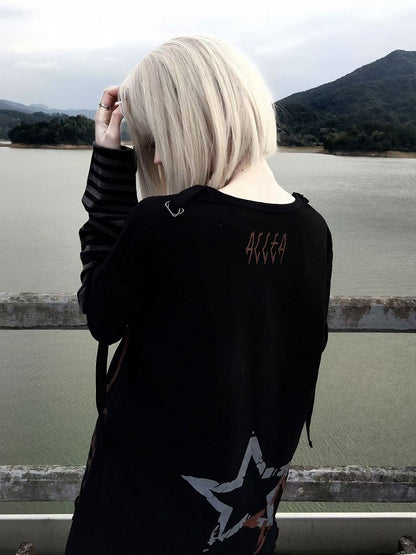 Black Skeleton and Star Print Punk Rock Cotton Top Faux Two-pieces