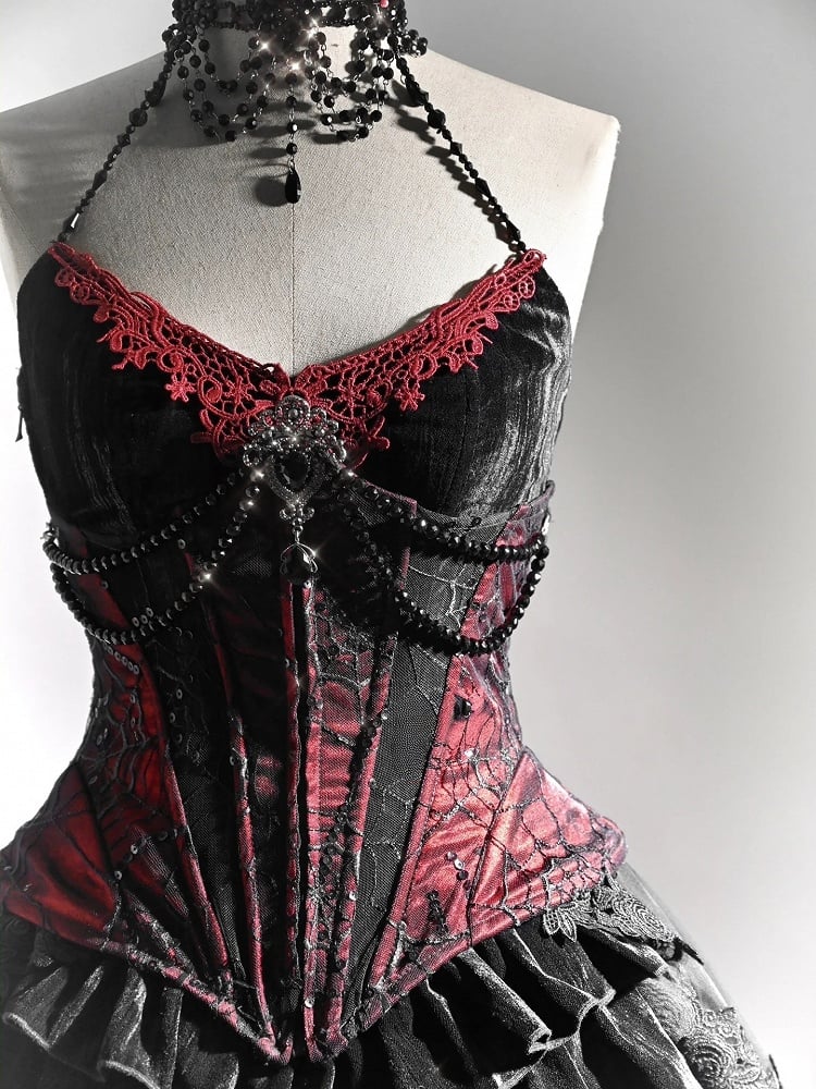 Victorian Goth Handmade Beads Halter Neckline Velvet Corset Top